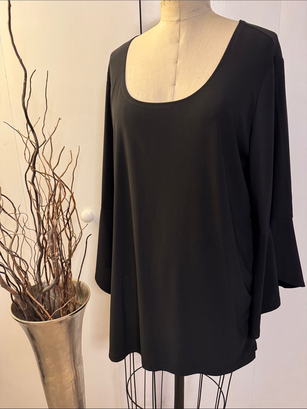 Slinky Brand Black Scoop Neck Tunic Top with Bell sleeves